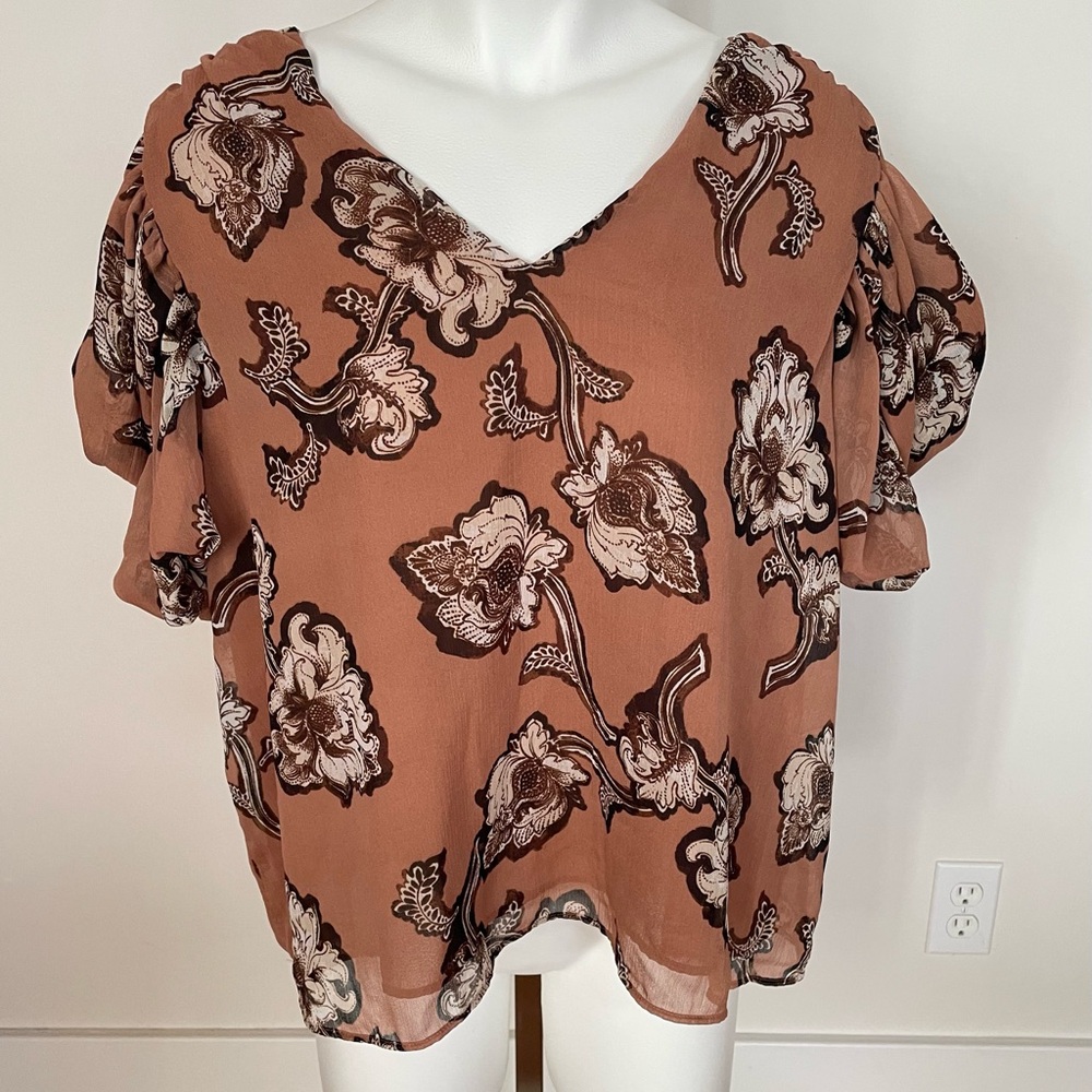 Express Floral V-Neck Blouse - Brown and Black